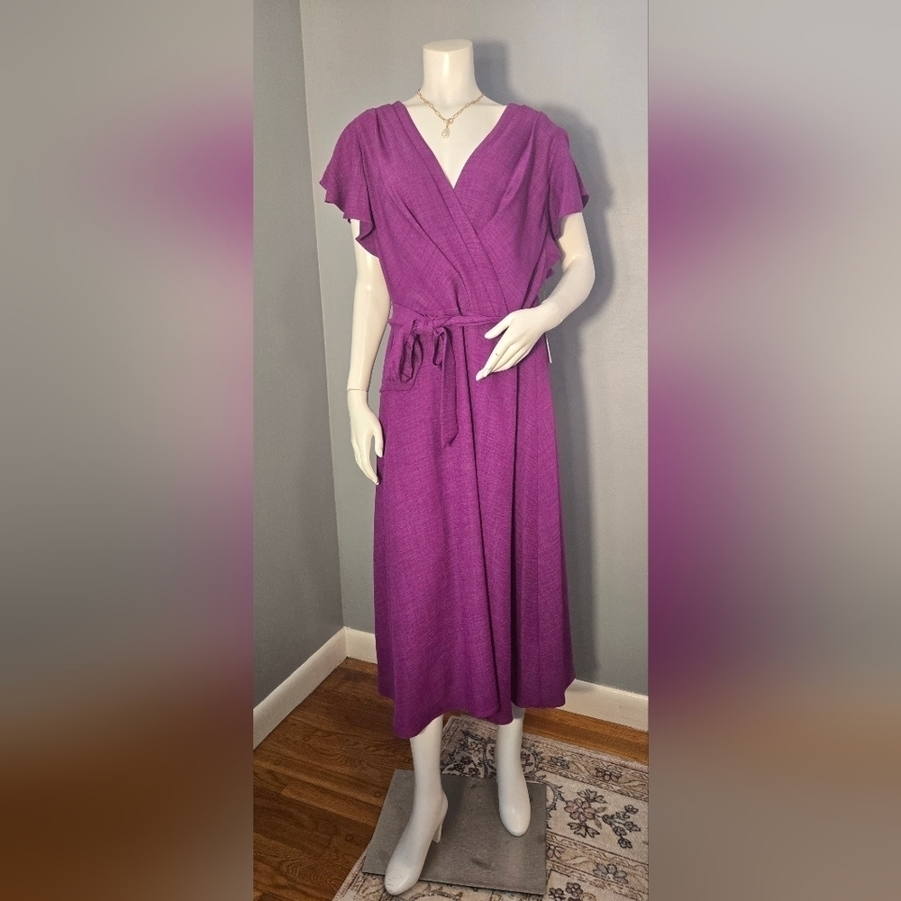 DKNY V-Neck Tie Front Back Zip Ruffled Sleeve Midi Dress Size 14
